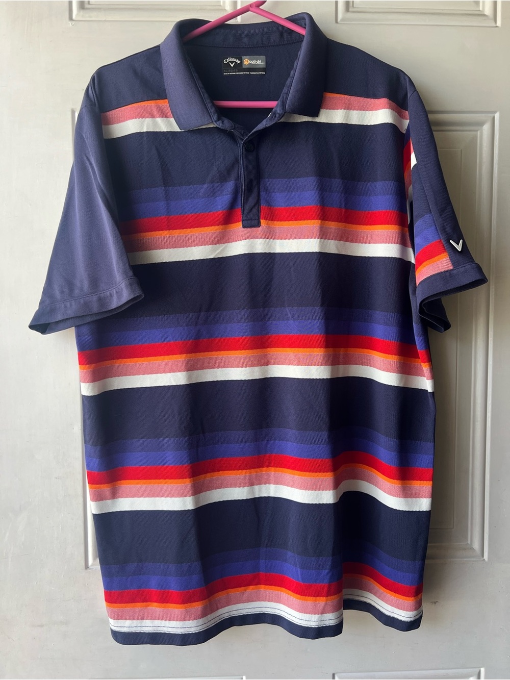 Callaway Navy Polo with Red, Purple & White Stripes